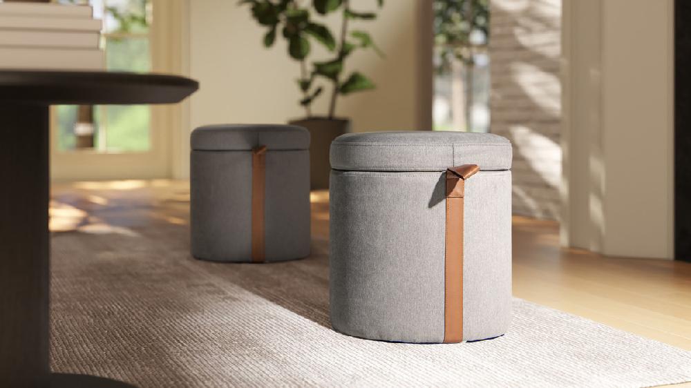 Jennifer Taylor Home Brandy 14" Round Upholstered Storage Ottoman With Leather Accent Uptown Gray