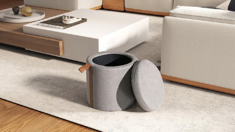 Jennifer Taylor Home Brandy 14" Round Upholstered Storage Ottoman With Leather Accent Uptown Gray