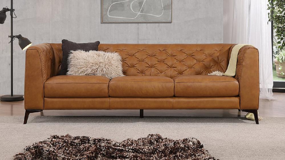 Jennifer Taylor Home Brentwood 90" Genuine Leather Chesterfield Sofa Cognac Tan