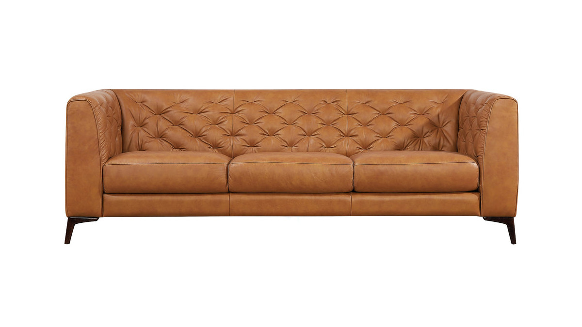 jennifer taylor home Brentwood 90" Genuine Leather Chesterfield Sofa Cognac Tan