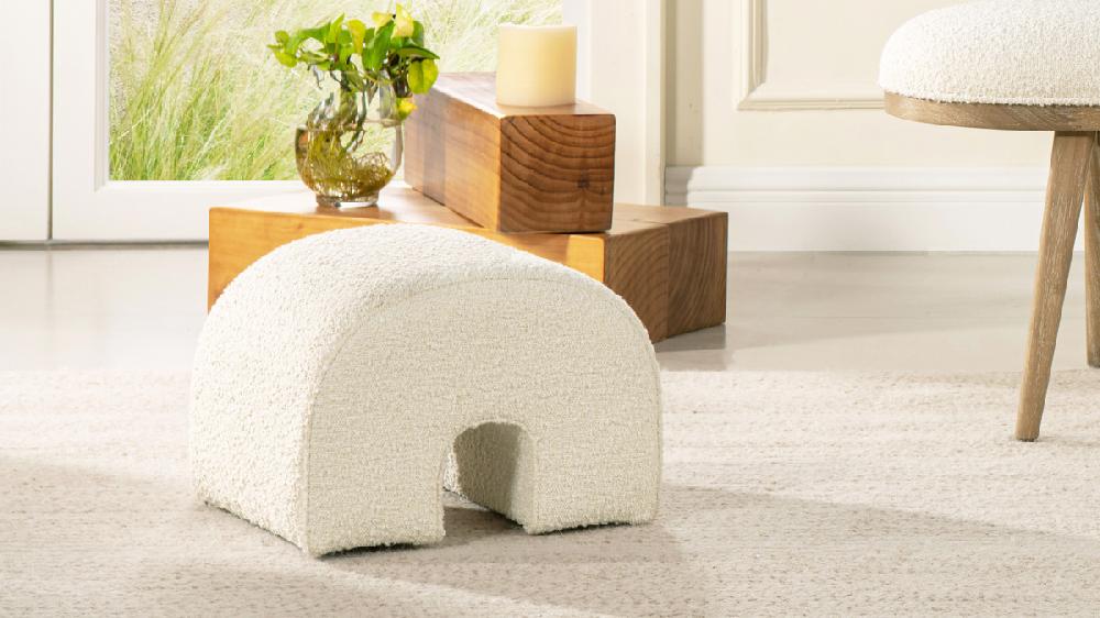 Jennifer Taylor Home Bridge 16" Arched Upholstered Footstool Ottoman Ivory White Bouclé