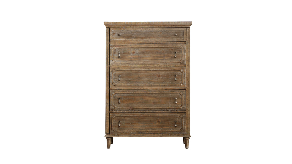 jennifer taylor home Bridger 42" 5-Drawer Distressed Wood Chest in Sandstone Buff
