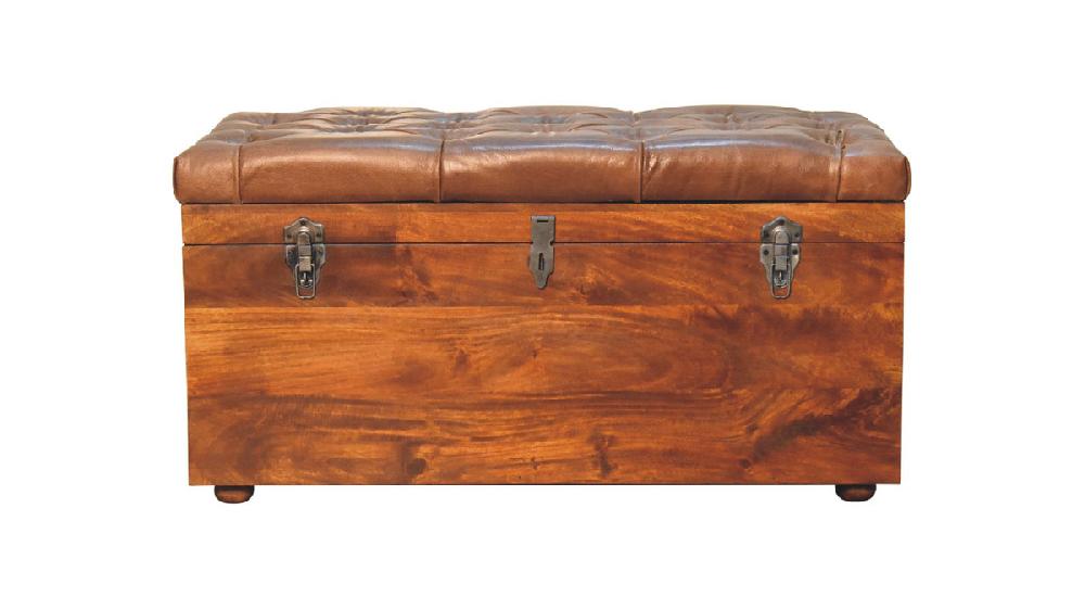Jennifer Taylor Home Brixton 35.4" Tufted Leather Storage Trunk Solid Mango Wood In Chestnut Finish