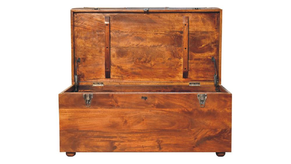 Jennifer Taylor Home Brixton 35.4" Tufted Leather Storage Trunk Solid Mango Wood In Chestnut Finish