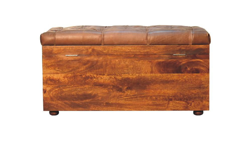 Jennifer Taylor Home Brixton 35.4" Tufted Leather Storage Trunk Solid Mango Wood In Chestnut Finish