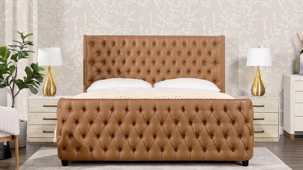 Jennifer Taylor Home Brooklyn King Tufted Panel Bed Headboard And Footboard Set Caramel Tan Brown