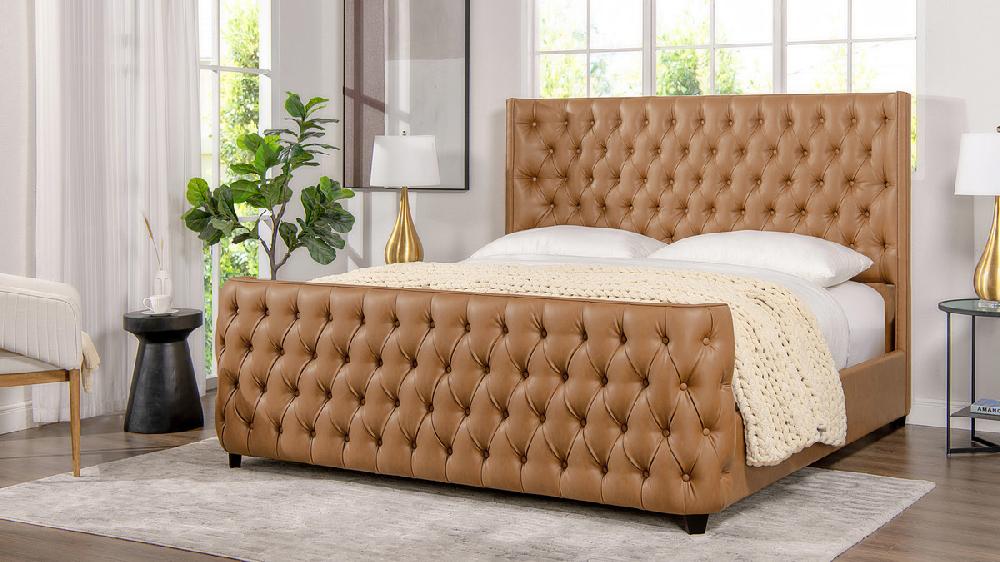 Jennifer Taylor Home Brooklyn King Tufted Panel Bed Headboard And Footboard Set Caramel Tan Brown