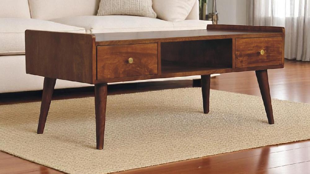 Jennifer Taylor Home Calden 39.4" Mid-Century Solid Mango Wood Coffee Table With 4 Drawers And Open Shelf Chestnut Finish