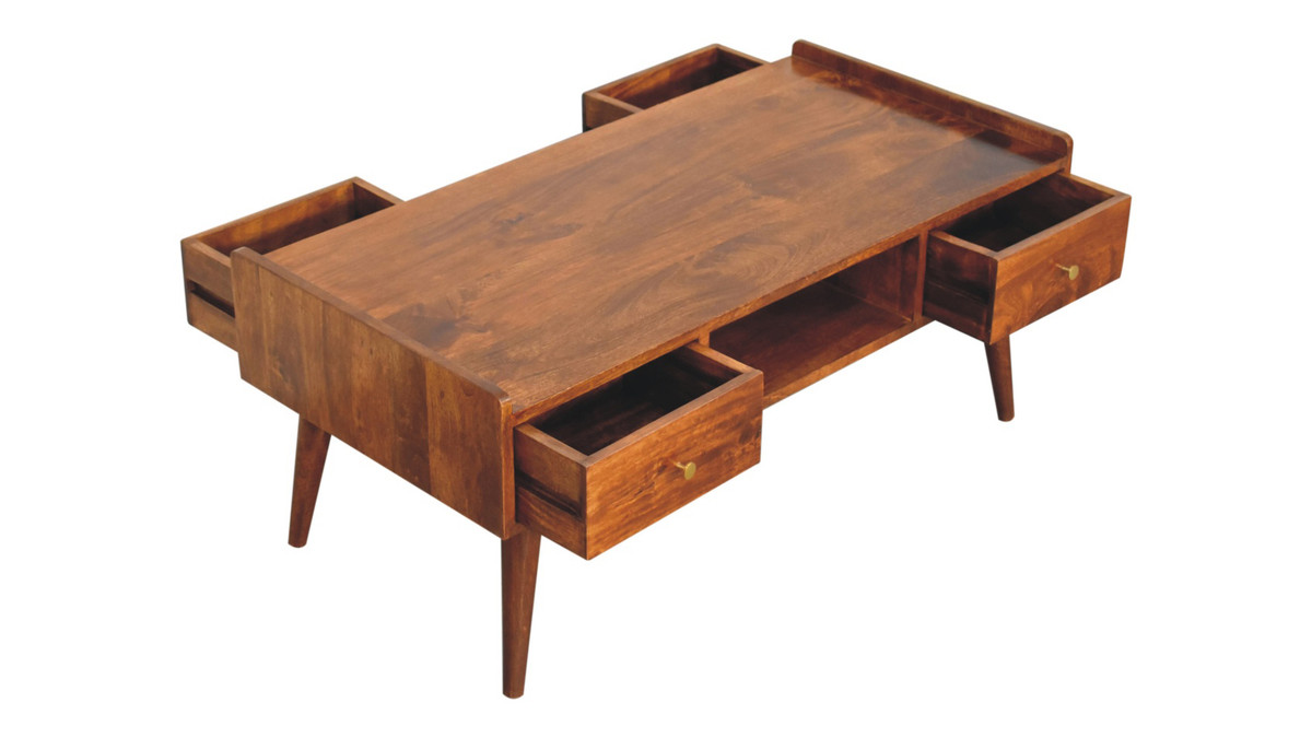 Jennifer Taylor Home Calden 39.4" Mid-Century Solid Mango Wood Coffee Table With 4 Drawers And Open Shelf Chestnut Finish