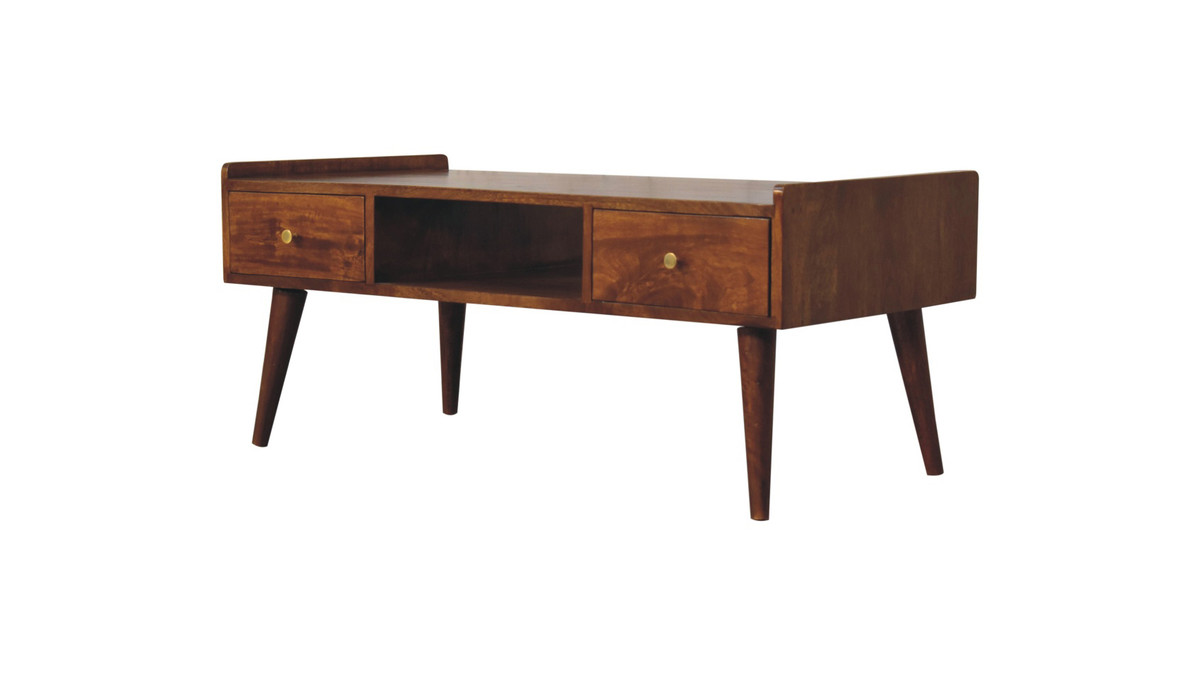 Jennifer Taylor Home Calden 39.4" Mid-Century Solid Mango Wood Coffee Table With 4 Drawers And Open Shelf Chestnut Finish