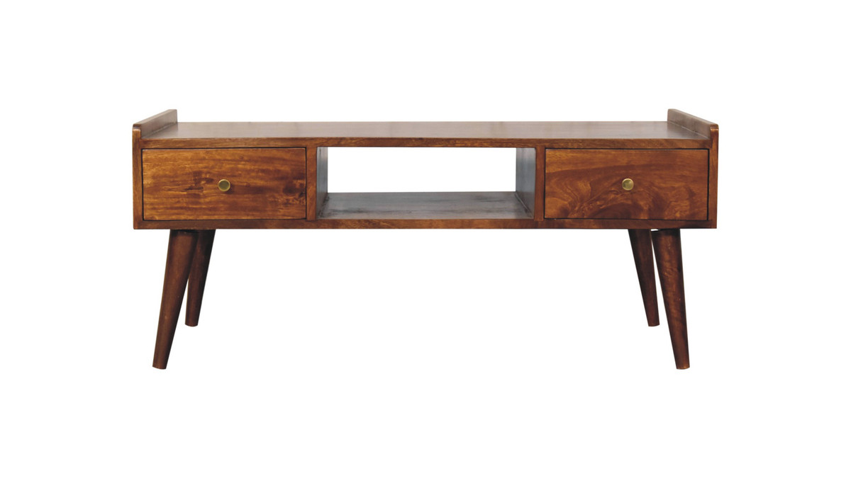 jennifer taylor home Calden 39.4" Mid-Century Solid Mango Wood Coffee Table with 4 Drawers and Open Shelf Chestnut Finish