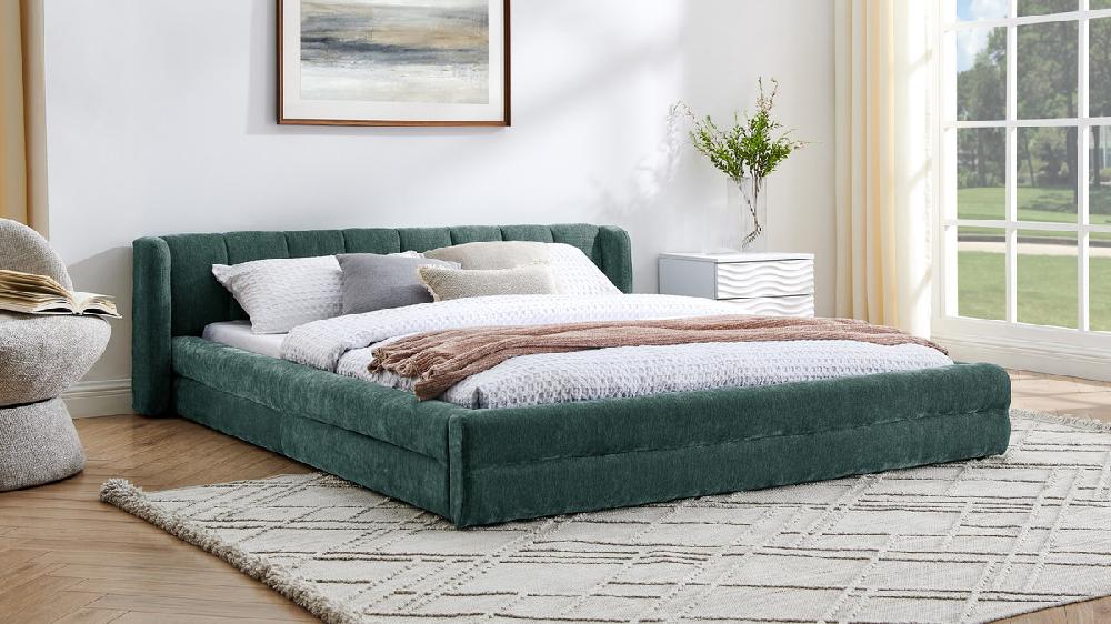 Jennifer Taylor Home Callista Low Profile Upholstered Queen Platform Bed Chenille Emerald Green