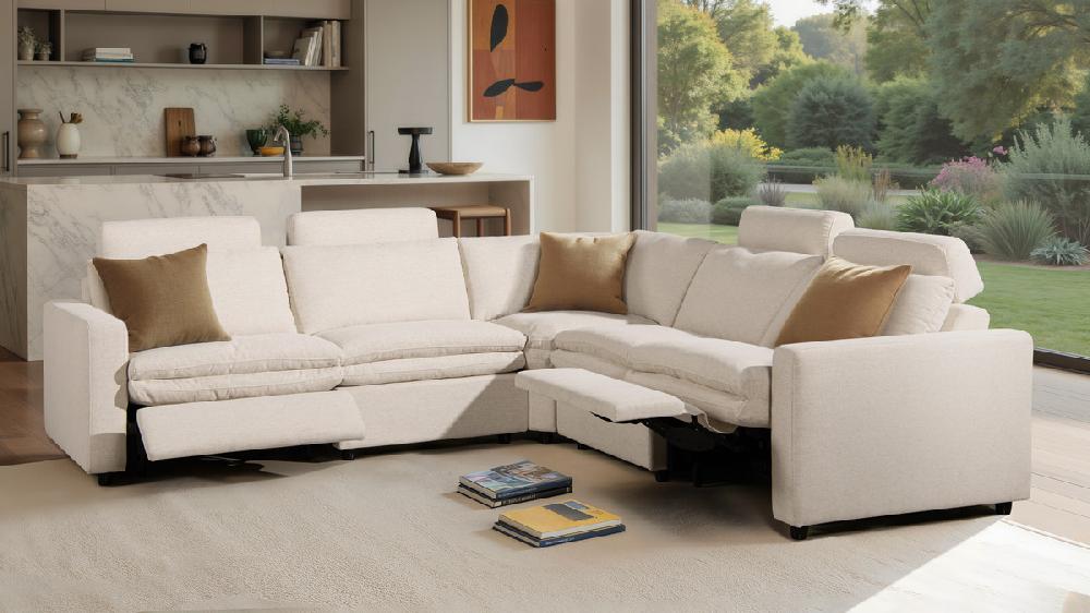 Jennifer Taylor Home Camden 113" Wall Hugger Performance Power Motion 5-Piece Modular Corner Sectional Sofa Heathered Cream Off-White Three-Proof C0 Fabric