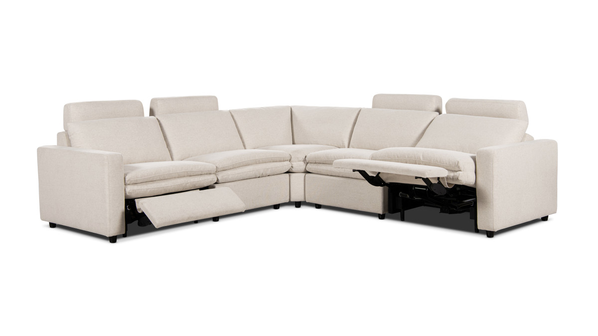 Jennifer Taylor Home Camden 113" Wall Hugger Performance Power Motion 5-Piece Modular Corner Sectional Sofa Heathered Cream Off-White Three-Proof C0 Fabric
