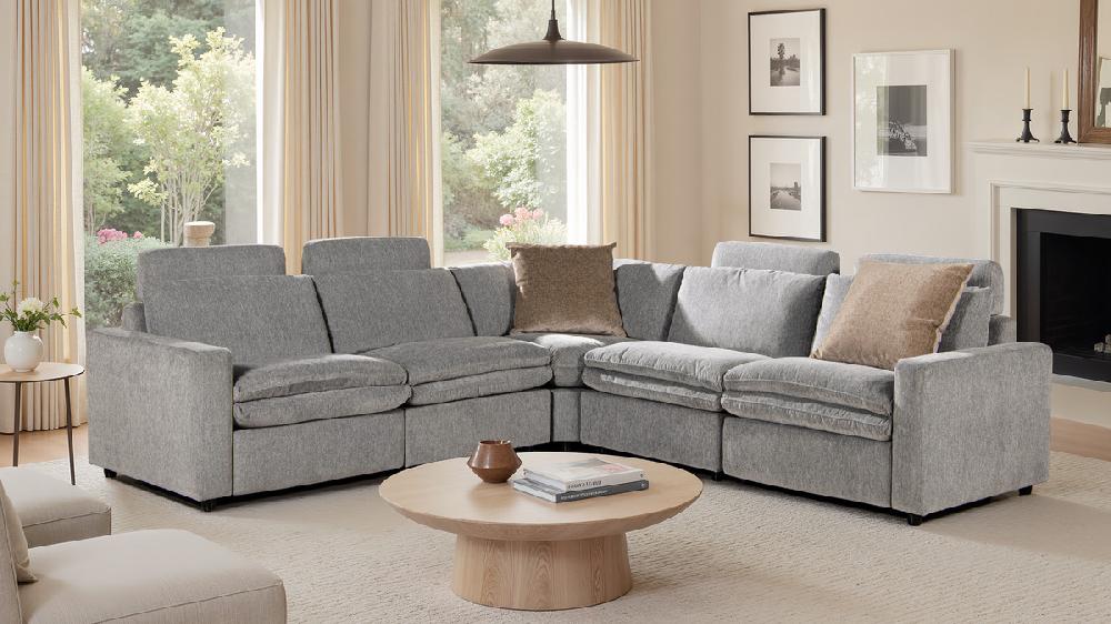 Jennifer Taylor Home Camden 113" Wall Hugger Performance Power Motion 5-Piece Modular Corner Sectional Sofa Misty Light Gray Three-Proof C0 Fabric