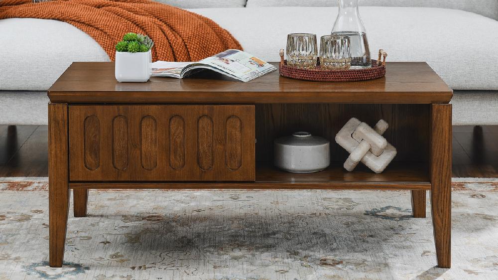 Jennifer Taylor Home Carmine 39.38" Rectangular Coffee Table With Fluted Sliding Door Walnut Finish