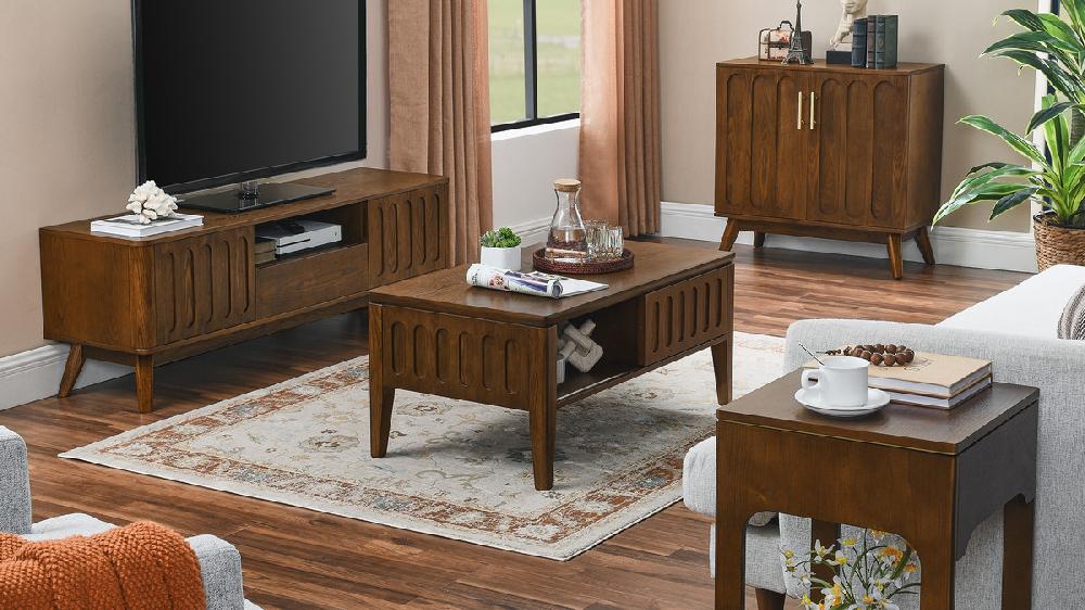 Jennifer Taylor Home Carmine 39.38" Rectangular Coffee Table With Fluted Sliding Door Walnut Finish