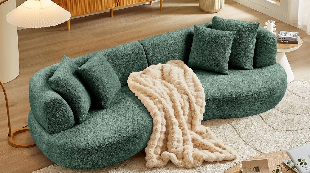 Jennifer Taylor Home Cavelli 102" Curved Bouclé Sofa With Accent Pillows Green