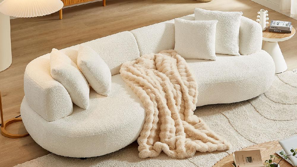 Jennifer Taylor Home Cavelli 102" Curved Bouclé Sofa With Accent Pillows White