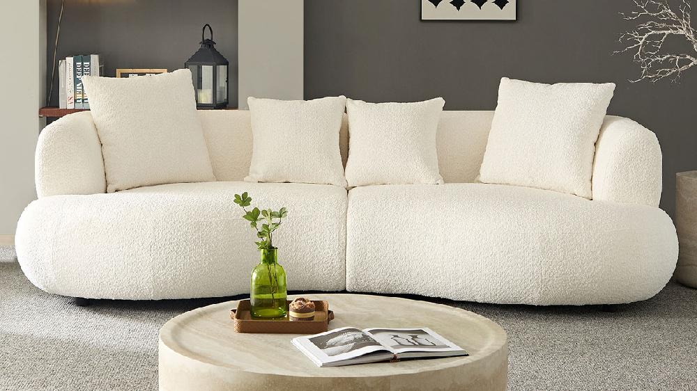 Jennifer Taylor Home Cavelli 102" Curved Bouclé Sofa With Accent Pillows White