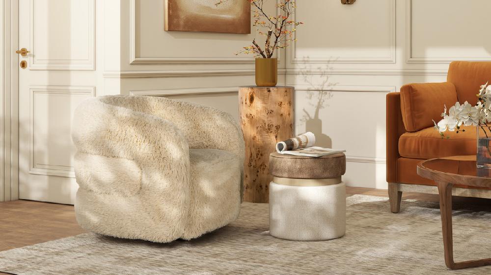 Jennifer Taylor Home Colt 33" Fur Swivel Upholstered Barrel Accent Arm Chair Cream Beige