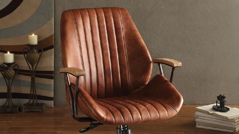 Jennifer Taylor Home Cortona Top Grain Leather Office Chair With Wooden Armrests And Swivel Base Cocoa