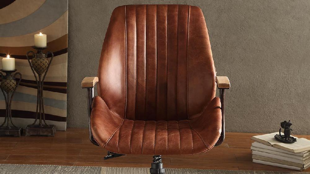 Jennifer Taylor Home Cortona Top Grain Leather Office Chair With Wooden Armrests And Swivel Base Cocoa