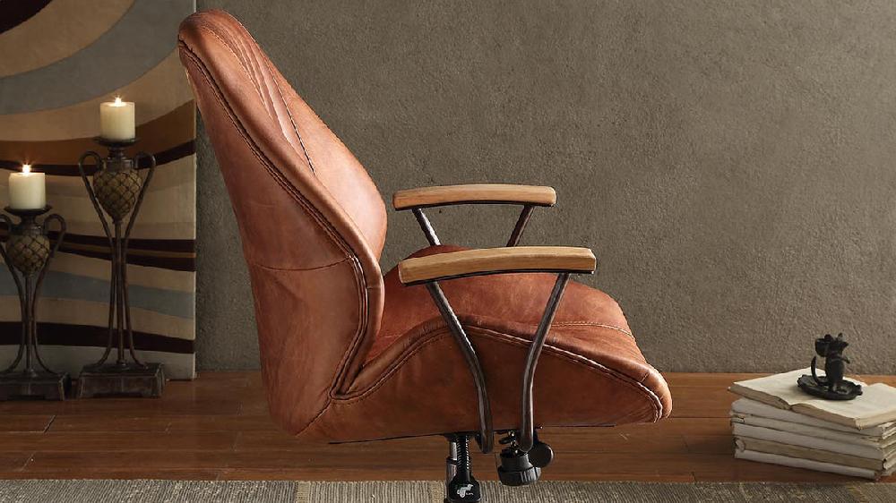 Jennifer Taylor Home Cortona Top Grain Leather Office Chair With Wooden Armrests And Swivel Base Cocoa