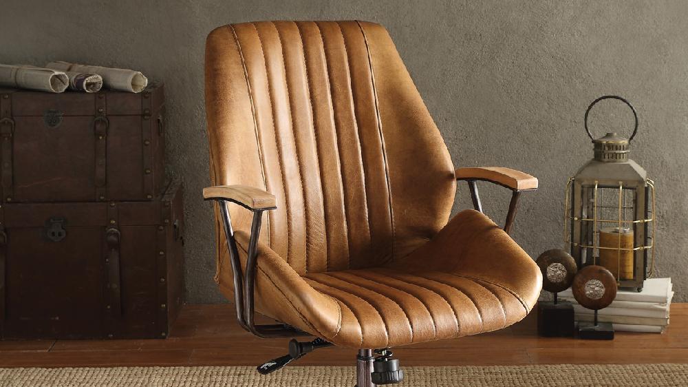 Jennifer Taylor Home Cortona Top Grain Leather Office Chair With Wooden Armrests And Swivel Base Coffee