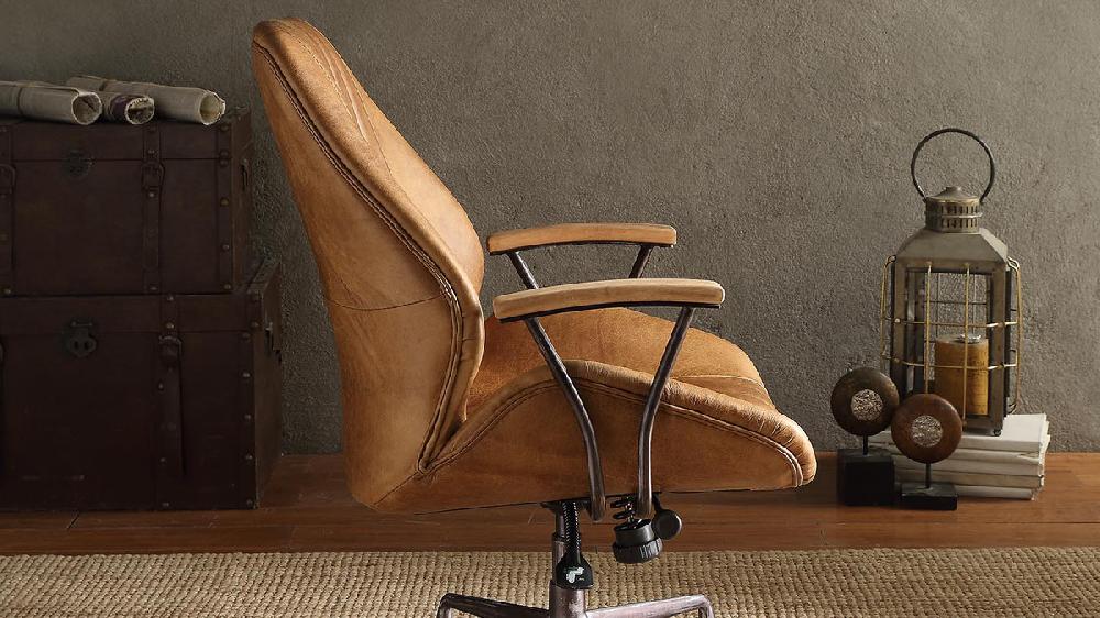 Jennifer Taylor Home Cortona Top Grain Leather Office Chair With Wooden Armrests And Swivel Base Coffee