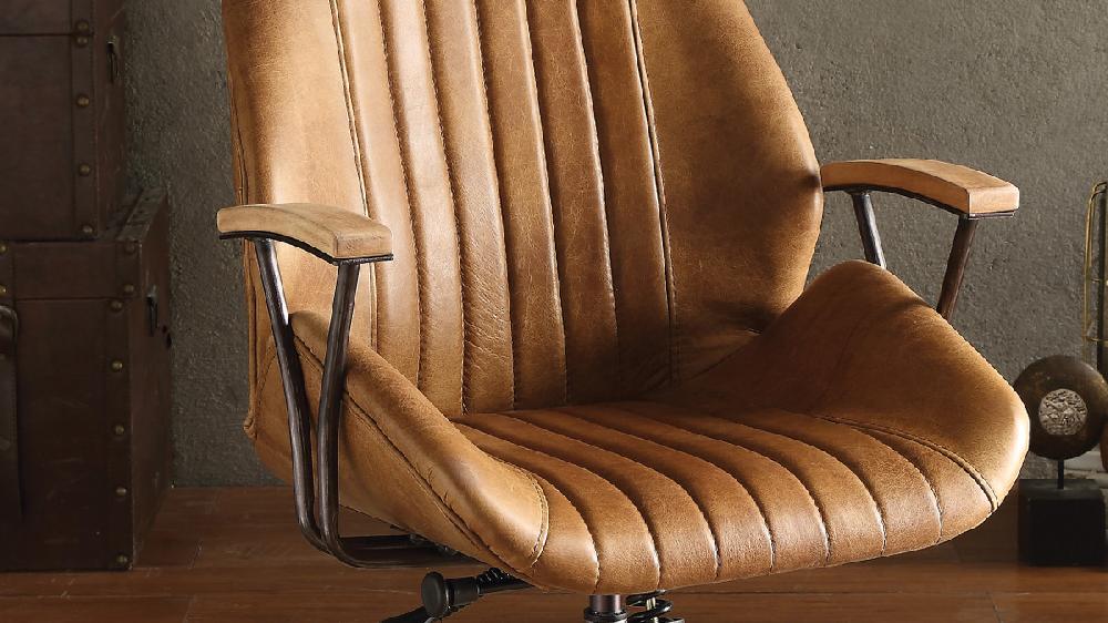Jennifer Taylor Home Cortona Top Grain Leather Office Chair With Wooden Armrests And Swivel Base Coffee