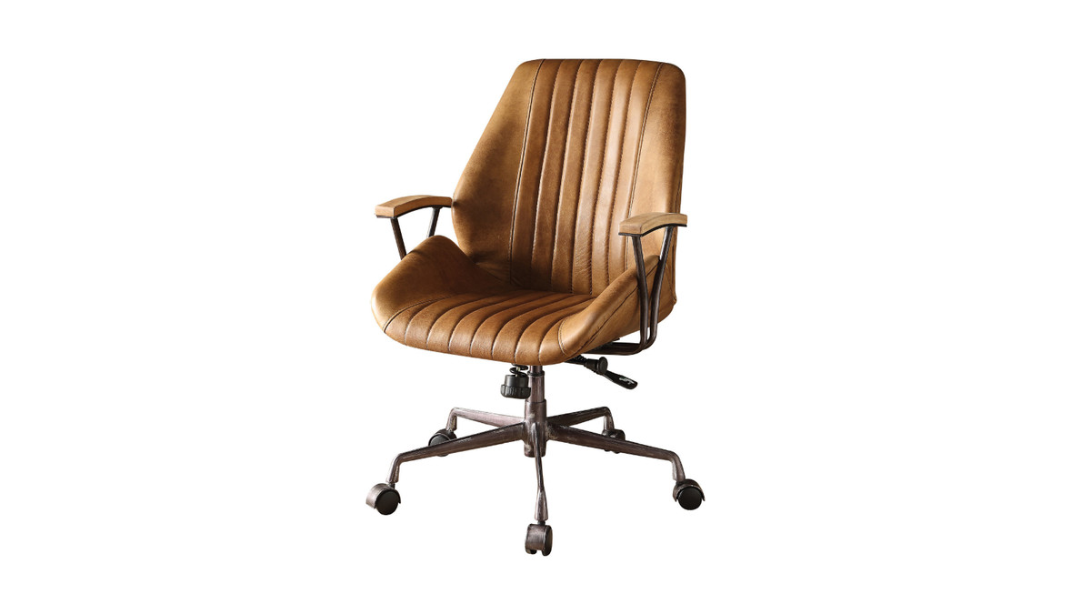 jennifer taylor home Cortona Top Grain Leather Office Chair with Wooden Armrests and Swivel Base Coffee