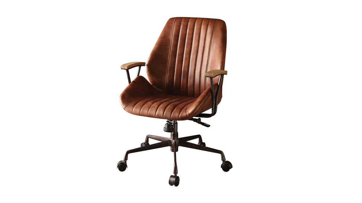 jennifer taylor home Cortona Top Grain Leather Office Chair with Wooden Armrests and Swivel Base Cocoa