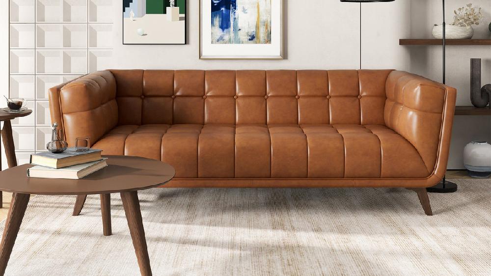 Jennifer Taylor Home Crosden 85.8" Mid-Century Modern Sofa In Genuine Leather Cognac Tan