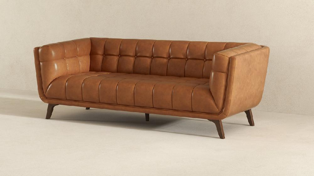 Jennifer Taylor Home Crosden 85.8" Mid-Century Modern Sofa In Genuine Leather Cognac Tan