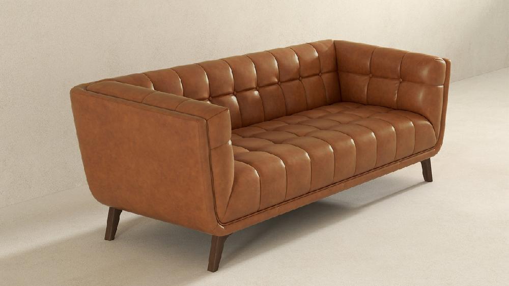Jennifer Taylor Home Crosden 85.8" Mid-Century Modern Sofa In Genuine Leather Cognac Tan