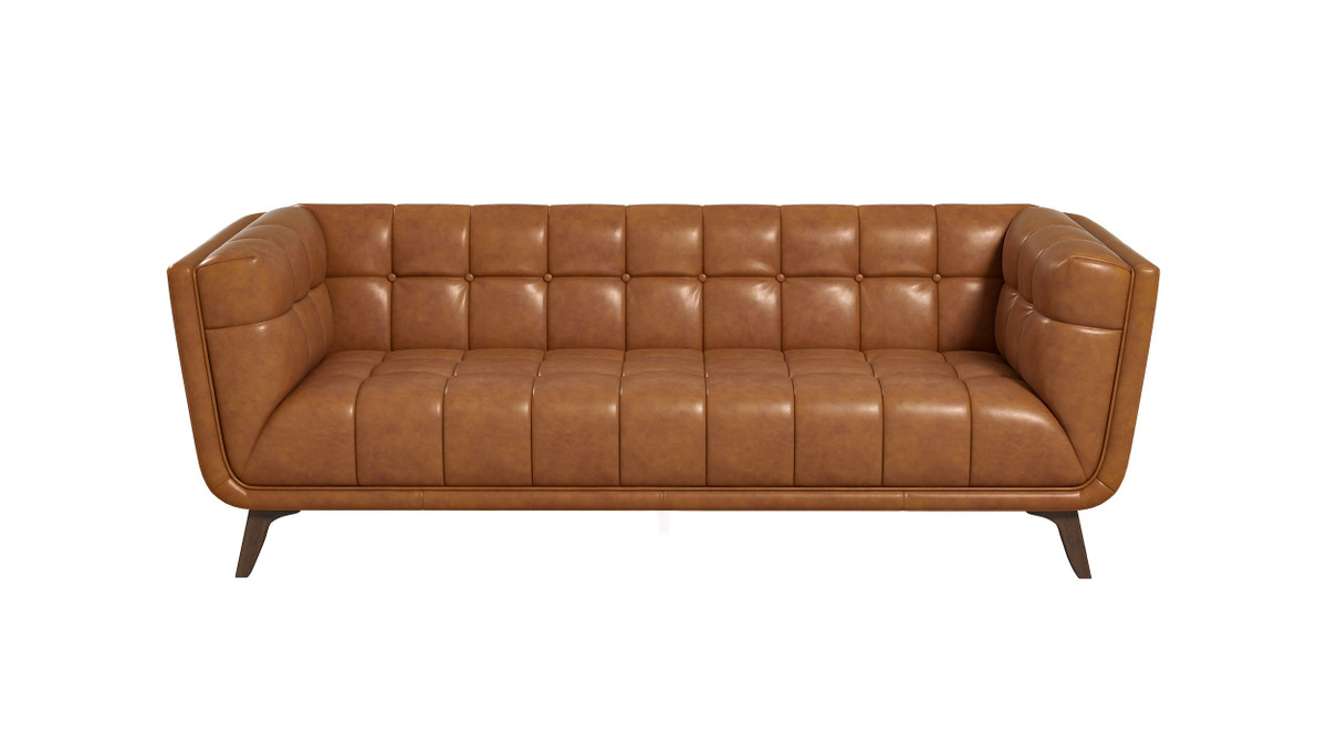 jennifer taylor home Crosden 85.8" Mid-Century Modern Sofa in Genuine Leather Cognac Tan