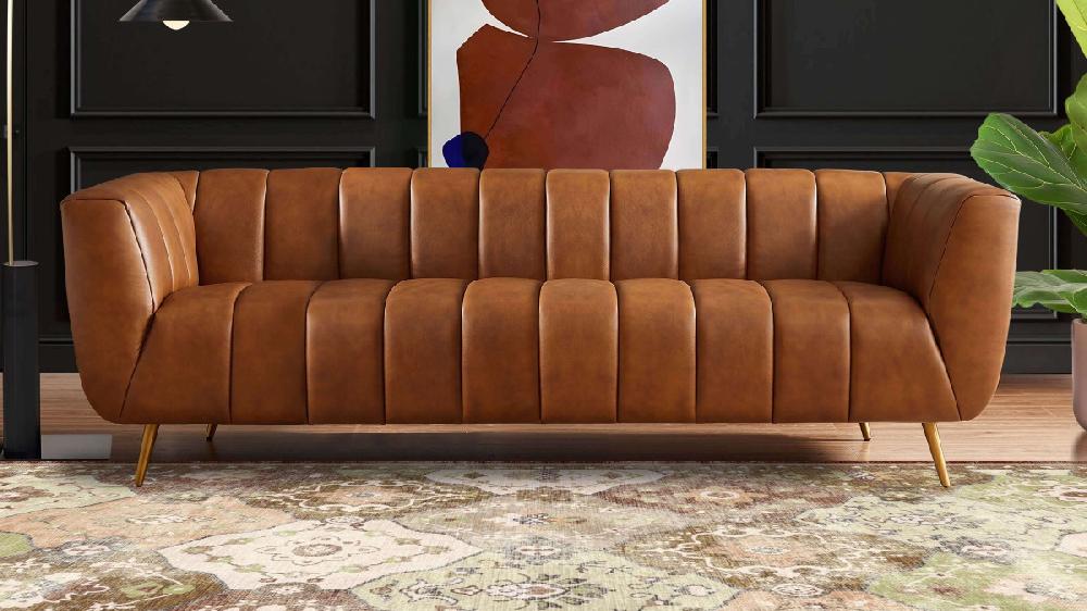 Jennifer Taylor Home Damon 85.5" Genuine Leather Tuxedo Arm Sofa With Channel Tufting And Gold Legs