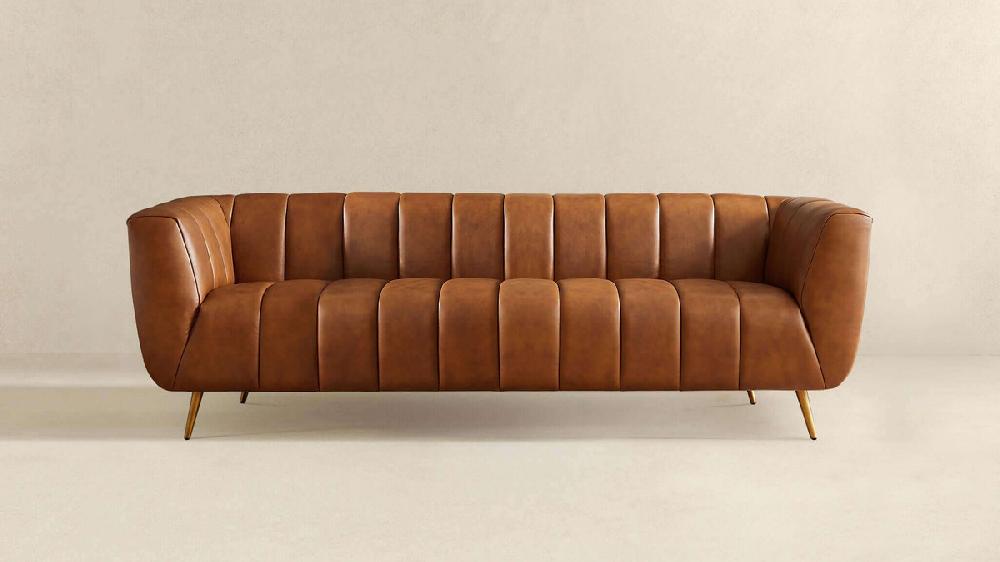 Jennifer Taylor Home Damon 85.5" Genuine Leather Tuxedo Arm Sofa With Channel Tufting And Gold Legs