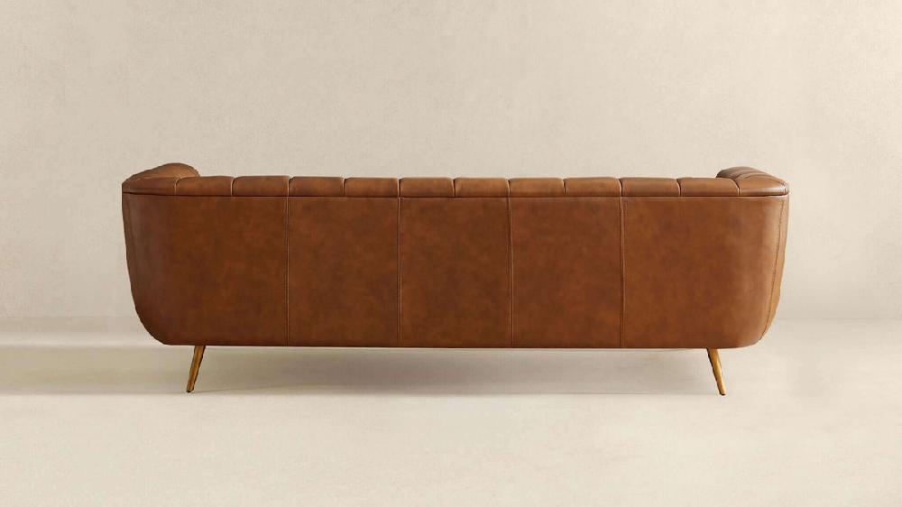 Jennifer Taylor Home Damon 85.5" Genuine Leather Tuxedo Arm Sofa With Channel Tufting And Gold Legs