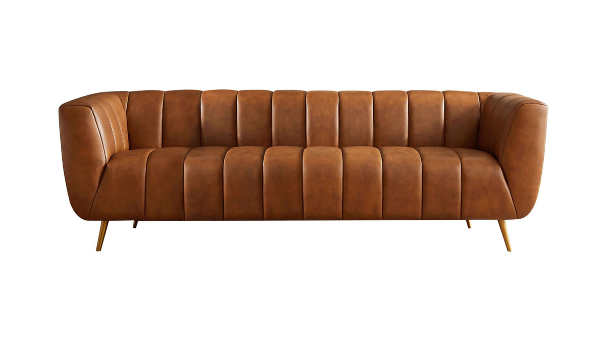 jennifer taylor home Damon 85.5" Genuine Leather Tuxedo Arm Sofa with Channel Tufting and Gold Legs