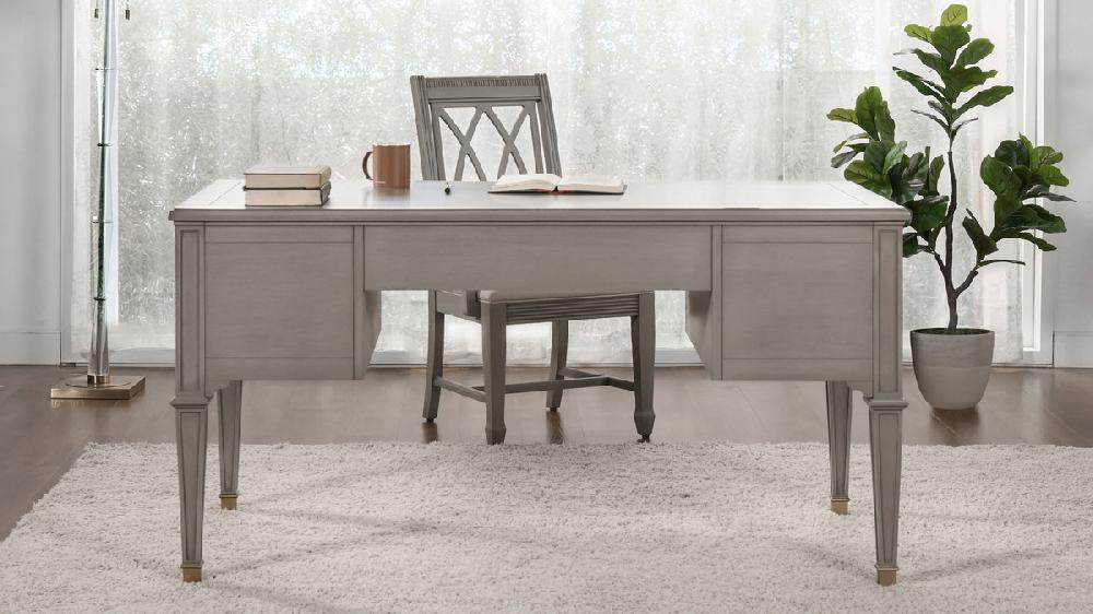 Jennifer Taylor Home Dauphin Gold Accent 5-Drawer Wood Executive Desk Grey Cashmere