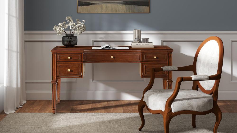 Jennifer Taylor Home Dauphin Gold Accent 5-Drawer Wood Executive Desk Walnut Brown