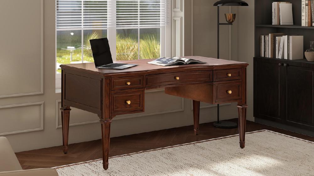 Jennifer Taylor Home Dauphin Gold Accent 5-Drawer Wood Executive Desk Walnut Brown