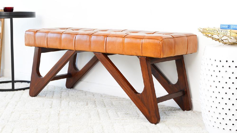 Jennifer Taylor Home Dorian 47.2" Genuine Leather Bench With Teak Wood Base And Tufted Top