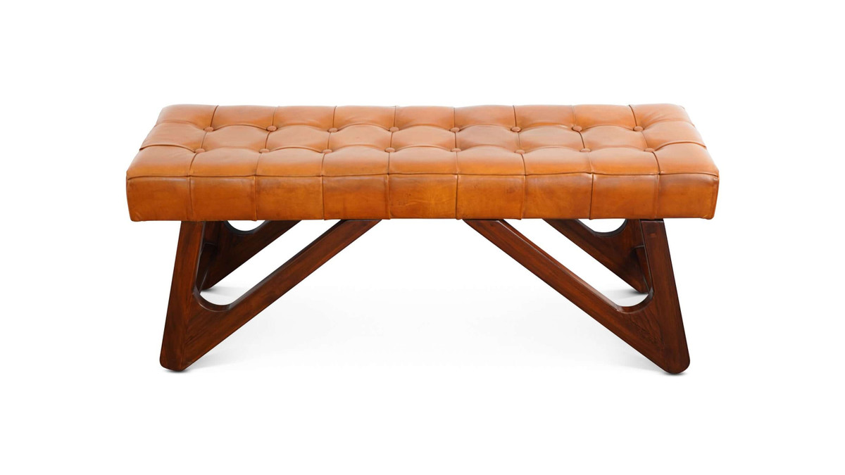 Jennifer Taylor Home Dorian 47.2" Genuine Leather Bench With Teak Wood Base And Tufted Top