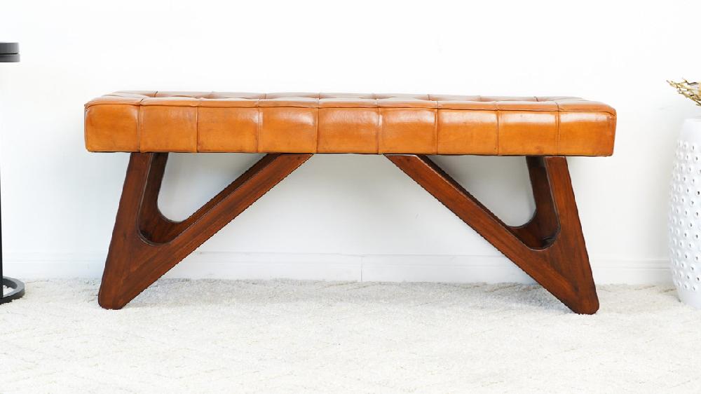Jennifer Taylor Home Dorian 47.2" Genuine Leather Bench With Teak Wood Base And Tufted Top
