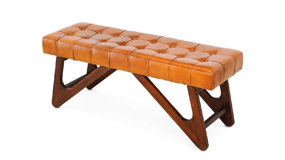 jennifer taylor home Dorian 47.2" Genuine Leather Bench with Teak Wood Base and Tufted Top
