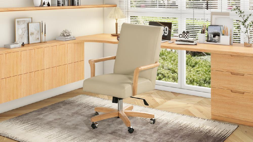 Jennifer Taylor Home Dumont Modern Farmhouse High Back Executive Home Office Chair Neutral Cream Beige & Natural Wood