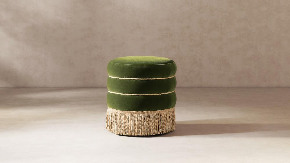 Jennifer Taylor Home Edward 17.5" Round Upholstered Ottoman With Bullion Fringe Olive Green
